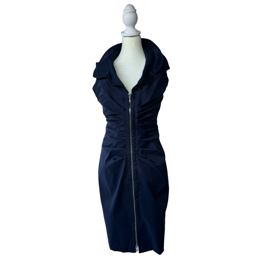 Joseph Ribkoff Bodycon‎ Sheath Dress Navy Blue Size 6 Ruched Wired Collar Zip Up